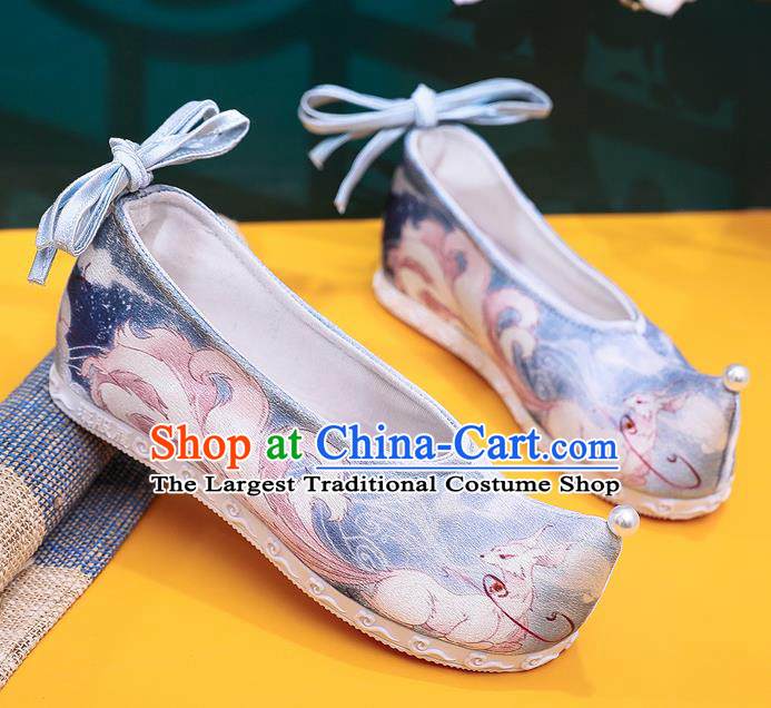 China Handmade Ancinet Princess Shoes Classical Nine Tail Fox Pattern Blue Cloth Shoes Traditional Ming Dynasty Hanfu Shoes