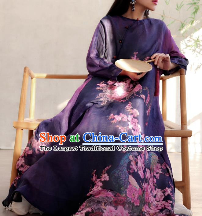 Chinese Traditional Slant Opening Qipao Dress National Printing Peacock Peony Purple Cheongsam Woman Costume