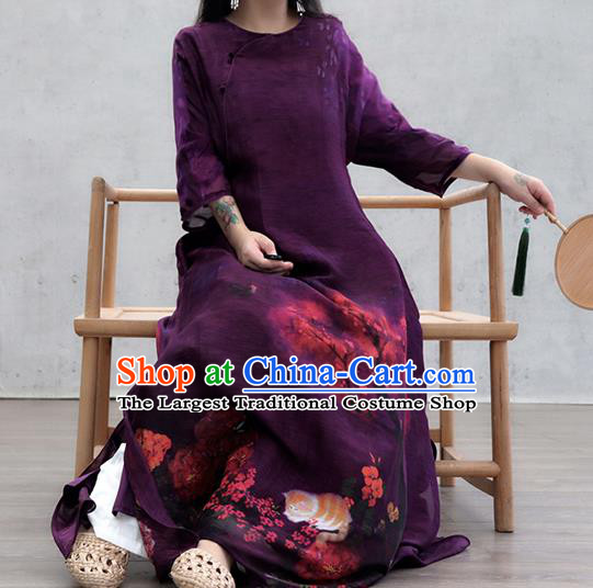 Chinese Traditional Printing Purple Qipao Dress Woman Costume National Slant Opening Cheongsam