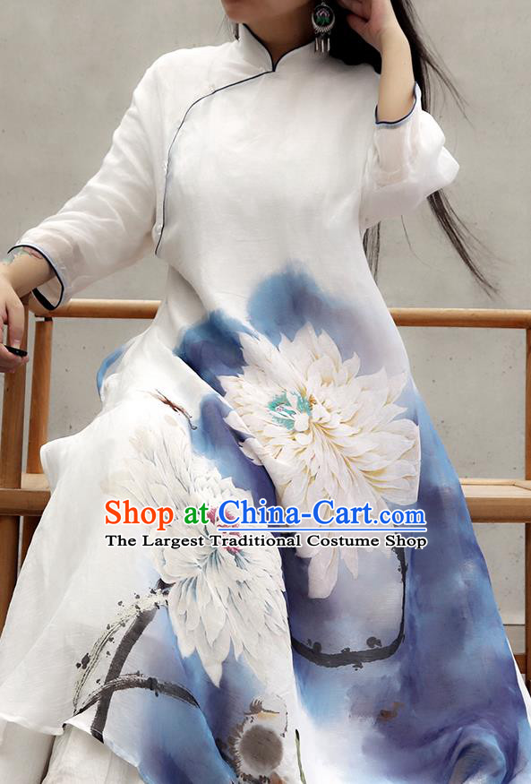 Chinese Traditional Ink Painting Lotus Qipao Dress Female Costume National Printing White Loose Cheongsam
