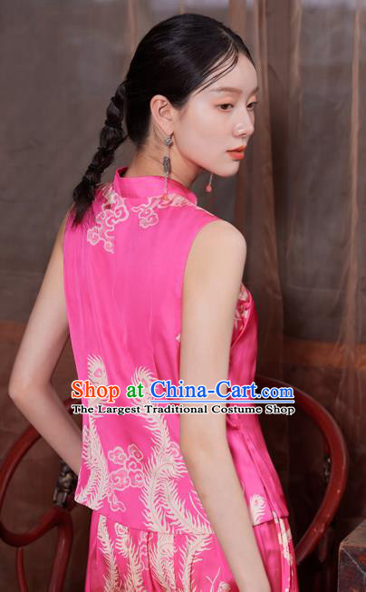 China National Printing Peony Vest Traditional Tang Suit Upper Outer Garment Pink Satin Waistcoat Clothing