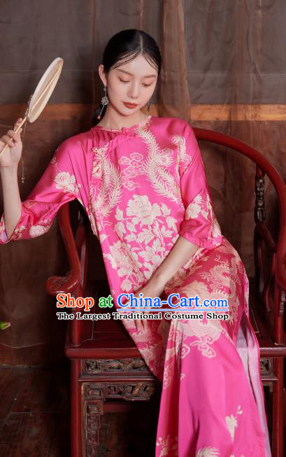 Chinese National Tang Suit Cheongsam Costume Traditional Printing Phoenix Pink Satin Qipao Dress