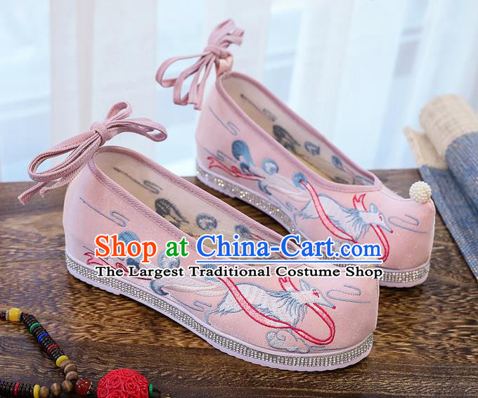 China Traditional Ming Dynasty Princess Bow Shoes Embroidered Pink Cloth Shoes Handmade Hanfu Pearl Shoes