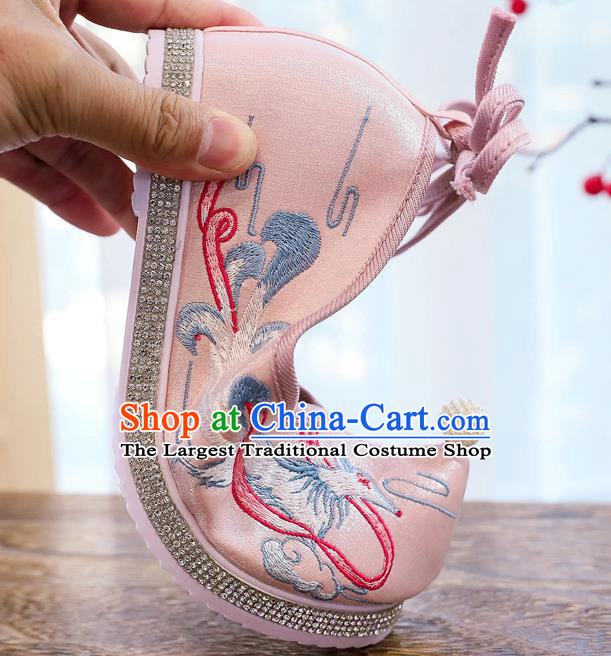 China Traditional Ming Dynasty Princess Bow Shoes Embroidered Pink Cloth Shoes Handmade Hanfu Pearl Shoes