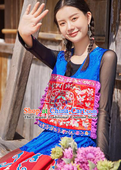 China National Embroidered Blue Vest Traditional Waistcoat Clothing Tang Suit Upper Outer Garment