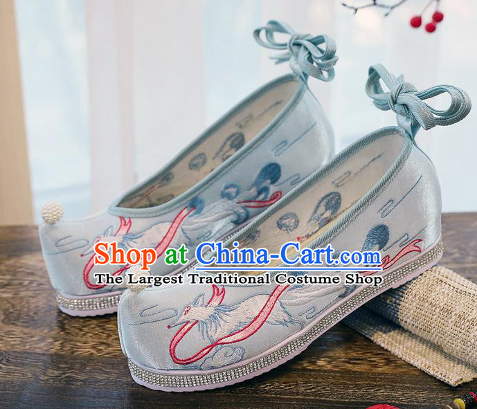 China Handmade Hanfu Pearl Shoes Traditional Ming Dynasty Princess Bow Shoes Embroidered Blue Cloth Shoes