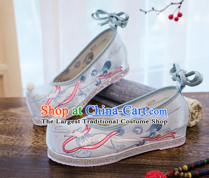 China Handmade Hanfu Pearl Shoes Traditional Ming Dynasty Princess Bow Shoes Embroidered Blue Cloth Shoes