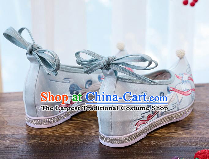 China Handmade Hanfu Pearl Shoes Traditional Ming Dynasty Princess Bow Shoes Embroidered Blue Cloth Shoes