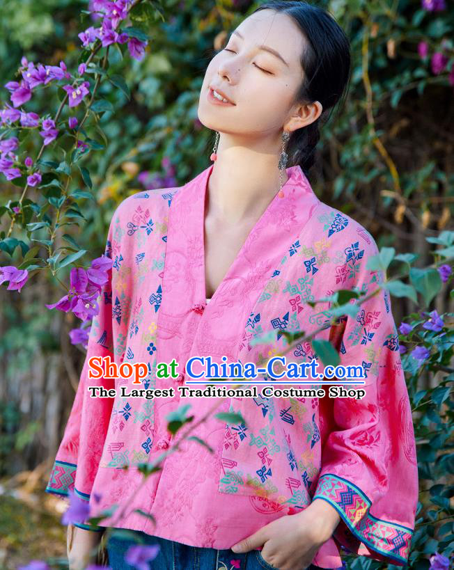 Chinese Tang Suit Embroidered Pink Jacket Traditional National Woman Costume