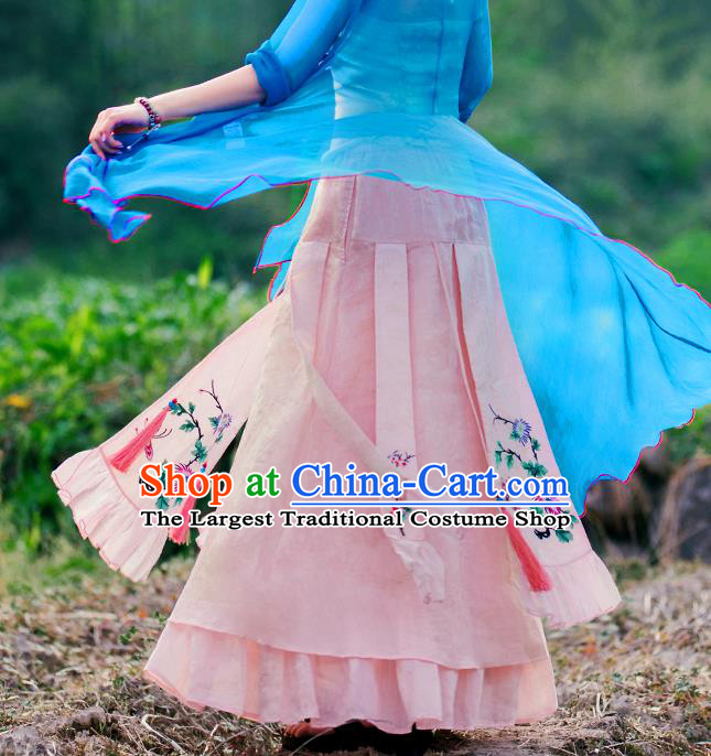 Chinese Embroidered Pink Flax Bust Skirt Traditional National Skirt Li Ziqi Costume