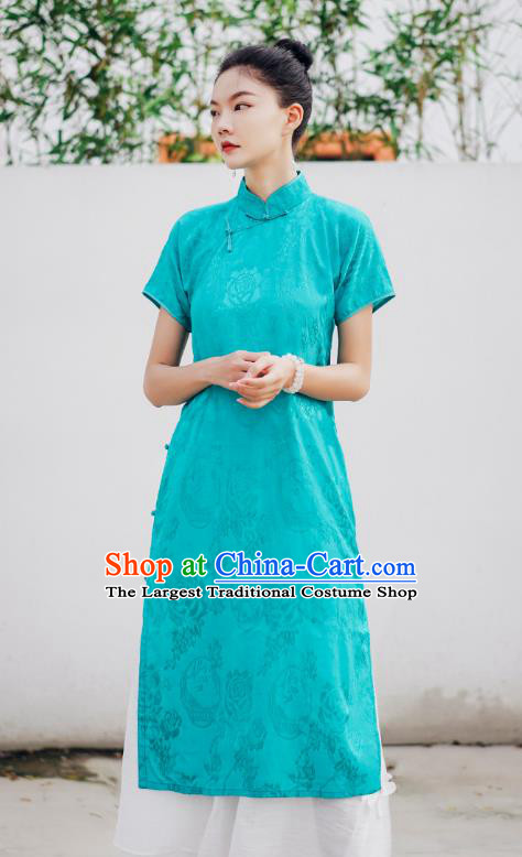 Chinese National Stand Collar Cheongsam Costume Traditional Young Lady Green Qipao Dress