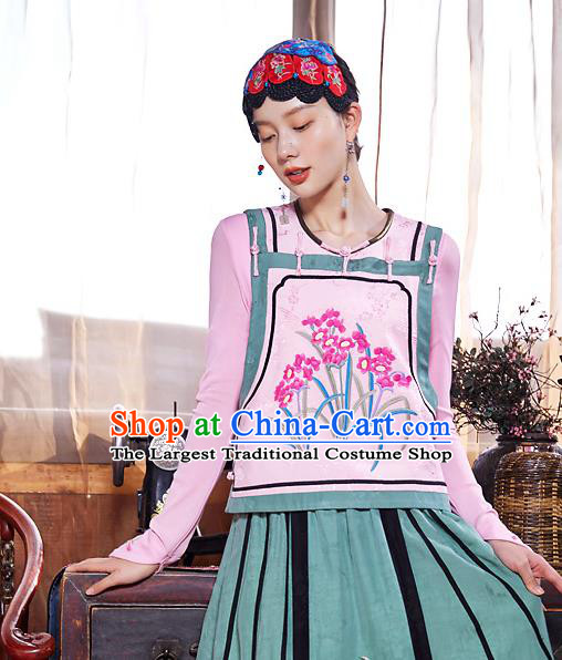 China Traditional Pink Waistcoat Clothing National Embroidered Orchids Vest Tang Suit Upper Outer Garment