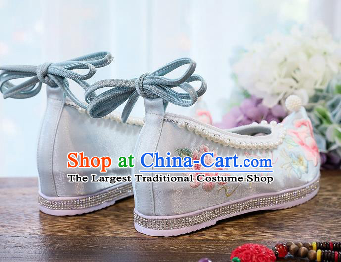 China Handmade Light Blue Satin Shoes Traditional Hanfu Pearls Shoes National Embroidered Peony Shoes