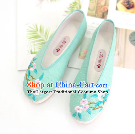 China Embroidered Plum Green Cloth Shoes Traditional Folk Dance Shoes Handmade National Shoes
