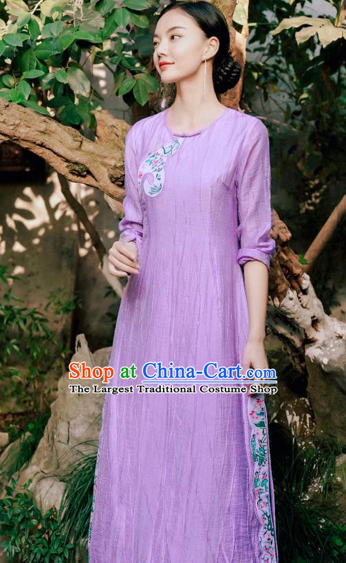 Chinese National Young Lady Embroidered Violet Cheongsam Traditional Slant Opening Qipao Dress Costume