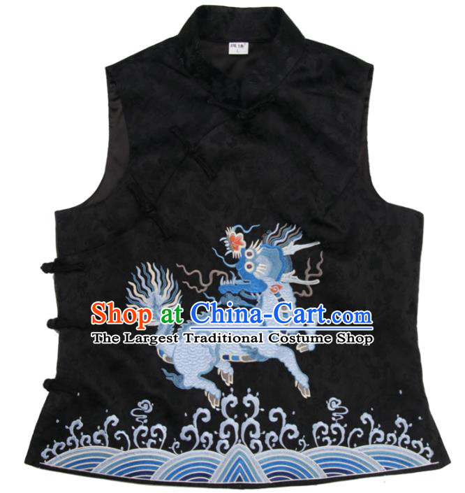 Chinese Tang Suit Vest Traditional Woman Top Garment Costume National Embroidered Kylin Black Brocade Waistcoat