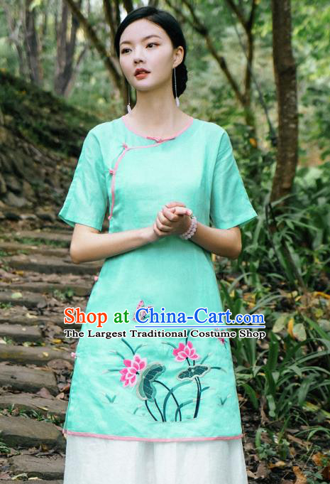 China National Woman Shirt Clothing Tang Suit Upper Outer Garment Traditional Embroidered Lotus Green Blouse