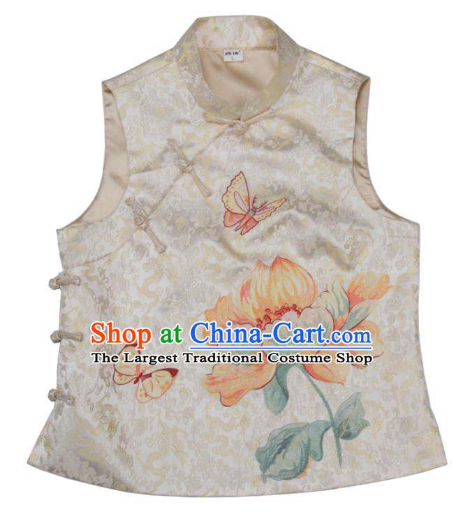 Chinese Traditional Woman Top Garment Costume National Embroidered Light Golden Brocade Waistcoat Tang Suit Vest