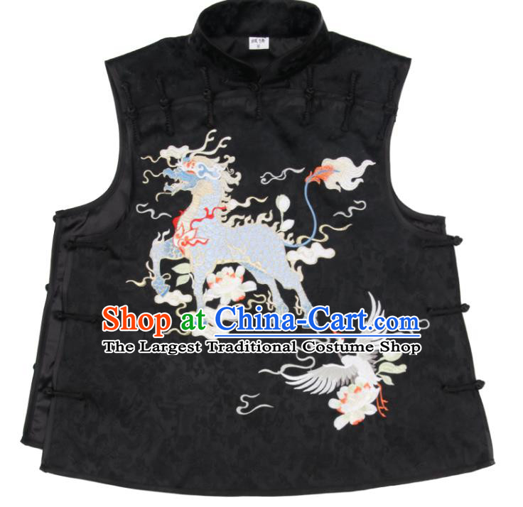 Chinese Traditional Woman Top Garment National Embroidered Kylin Black Brocade Waistcoat Tang Suit Vest Costume