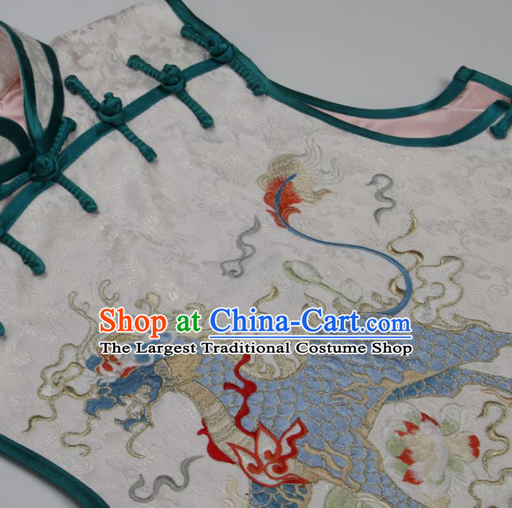 Chinese National Embroidered Kylin White Brocade Waistcoat Tang Suit Vest Costume Traditional Woman Top Garment