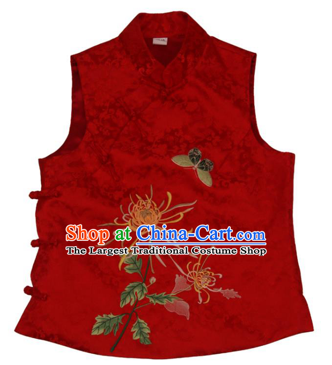 Chinese Tang Suit Red Brocade Vest National Upper Outer Garment Traditional Embroidered Chrysanthemum Waistcoat