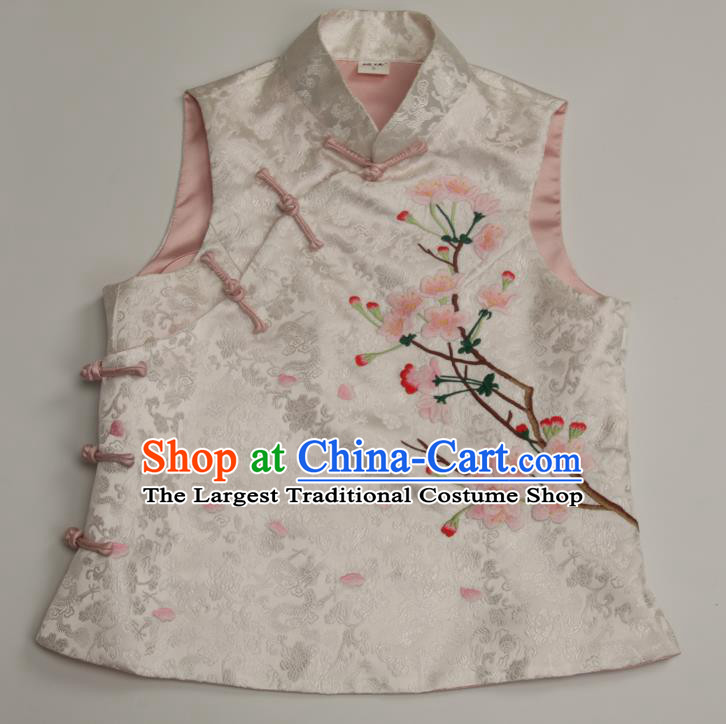 Chinese Tang Suit Vest National Upper Outer Garment Traditional Embroidered White Brocade Waistcoat