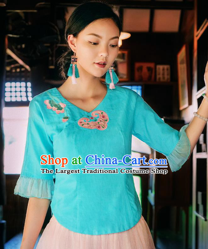 China Traditional Embroidered Blue Blouse National Woman Shirt Clothing Tang Suit Upper Outer Garment