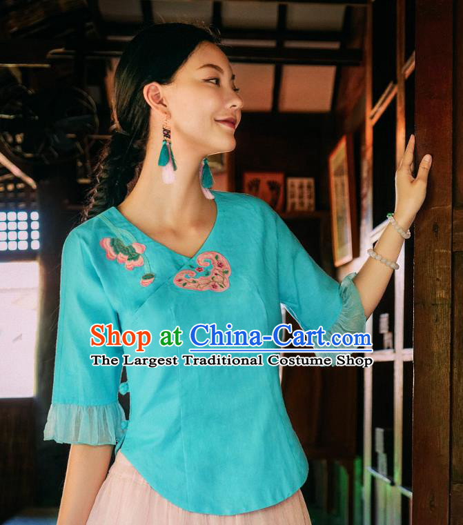 China Traditional Embroidered Blue Blouse National Woman Shirt Clothing Tang Suit Upper Outer Garment