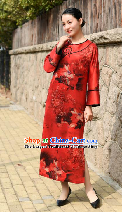 Chinese Traditional Printing Lotus Qipao Dress Costume National Young Lady Red Silk Cheongsam