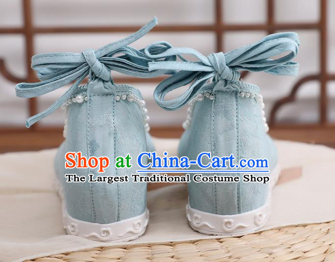 China National Blue Cloth Bow Shoes Traditional Ming Dynasty Princess Shoes Handmade Hanfu Pearls Shoes