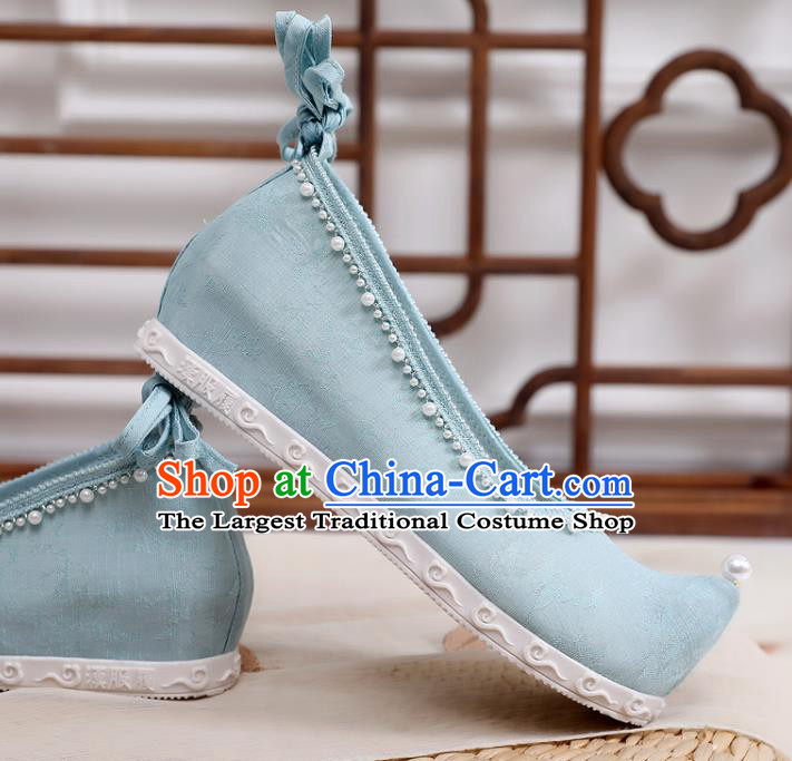 China National Blue Cloth Bow Shoes Traditional Ming Dynasty Princess Shoes Handmade Hanfu Pearls Shoes