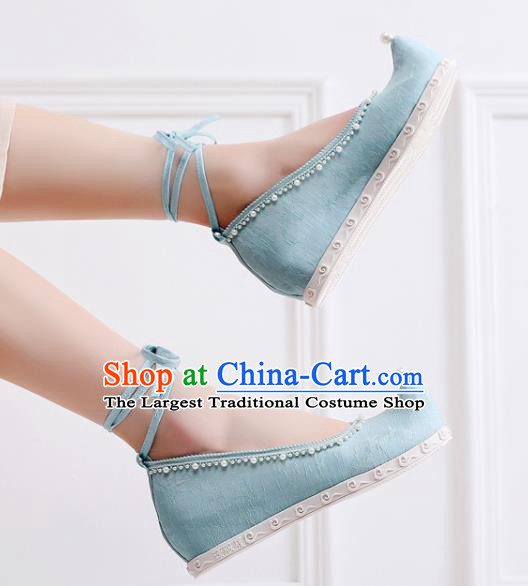 China National Blue Cloth Bow Shoes Traditional Ming Dynasty Princess Shoes Handmade Hanfu Pearls Shoes
