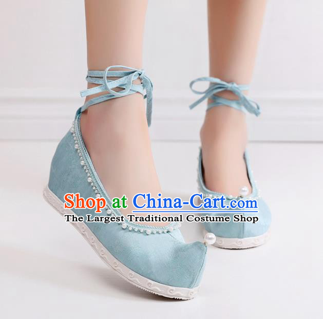 China National Blue Cloth Bow Shoes Traditional Ming Dynasty Princess Shoes Handmade Hanfu Pearls Shoes