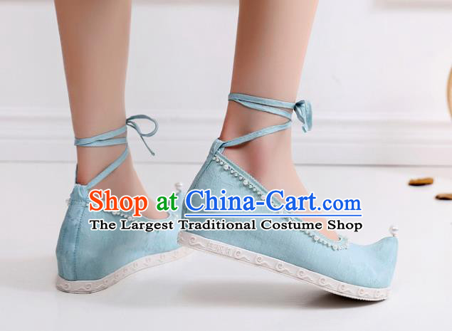 China National Blue Cloth Bow Shoes Traditional Ming Dynasty Princess Shoes Handmade Hanfu Pearls Shoes