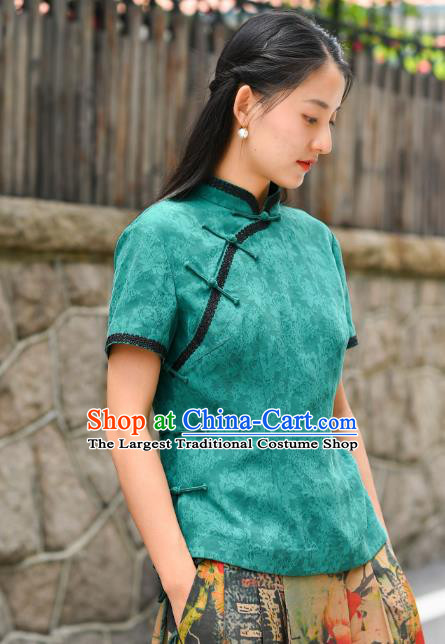 Chinese Tang Suit Green Silk Blouse National Woman Upper Outer Garment Traditional Shirt Clothing