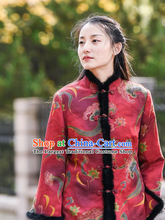 China Traditional Cotton Wadded Jacket National Woman Outer Garment Clothing Tang Suit Red Silk Overcoat