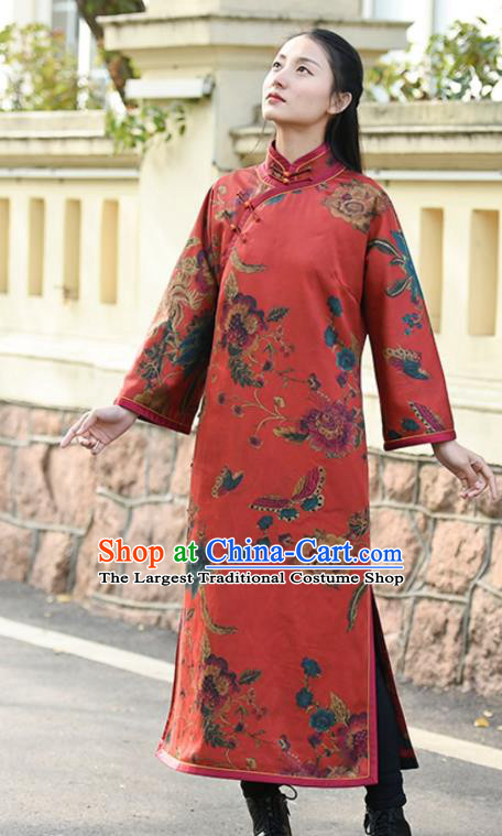 Chinese Traditional Printing Red Qipao Dress Costume National Young Lady Cotton Wadded Cheongsam
