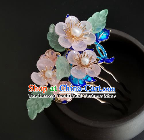 China Ancient Princess Pink Flowers Hairpin Traditional Qing Dynasty Cloisonne Hair Comb