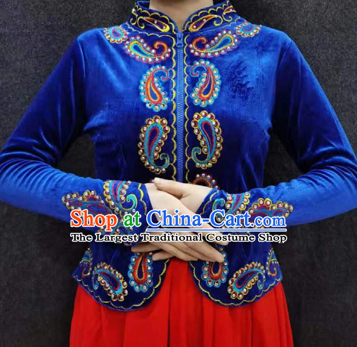 China Ethnic Folk Dance Clothing Xinjiang Woman Royalblue Velvet Blouse Traditional Uygur Nationality Shirt