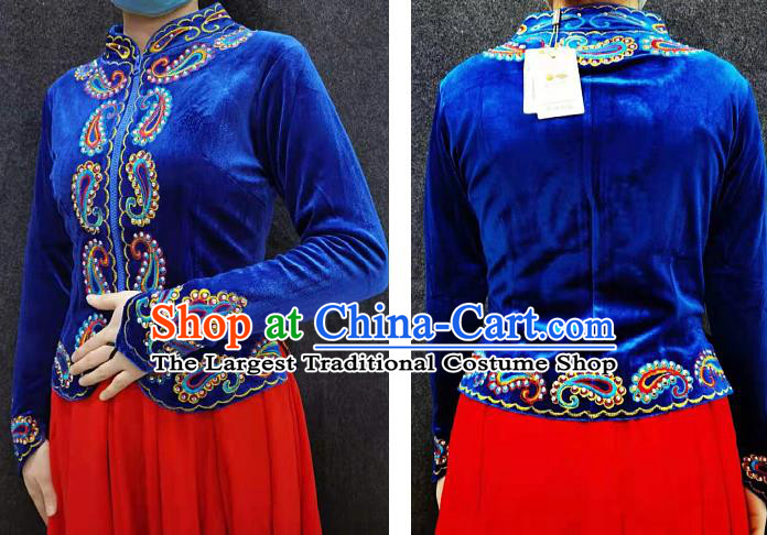 China Ethnic Folk Dance Clothing Xinjiang Woman Royalblue Velvet Blouse Traditional Uygur Nationality Shirt