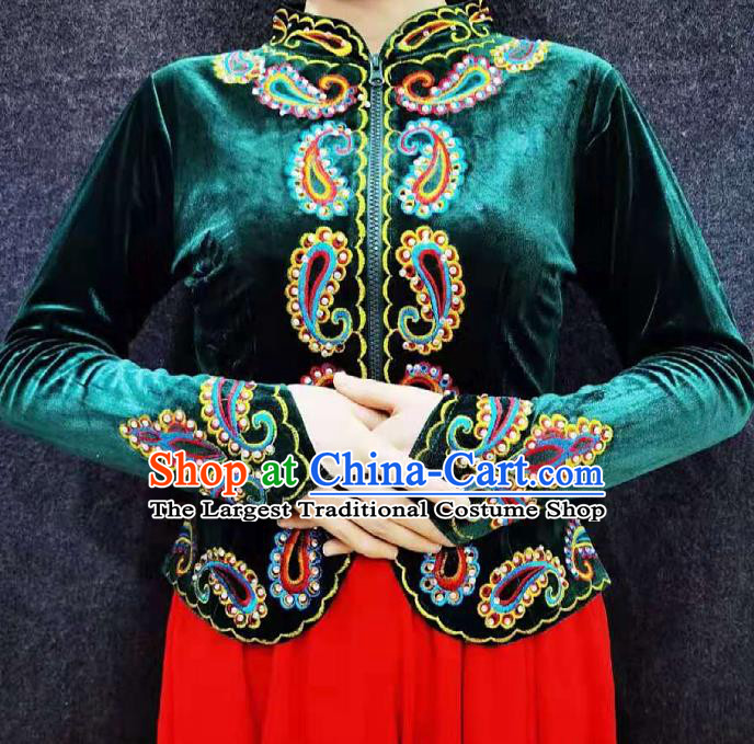 China Traditional Uygur Nationality Shirt Ethnic Folk Dance Clothing Xinjiang Woman Green Velvet Blouse
