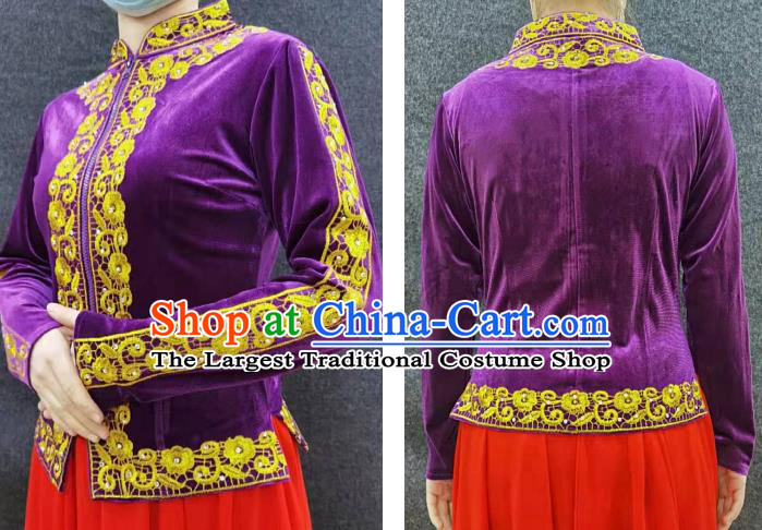 China Ethnic Folk Dance Clothing Xinjiang Woman Purple Velvet Blouse Traditional Uygur Nationality Upper Outer Garment