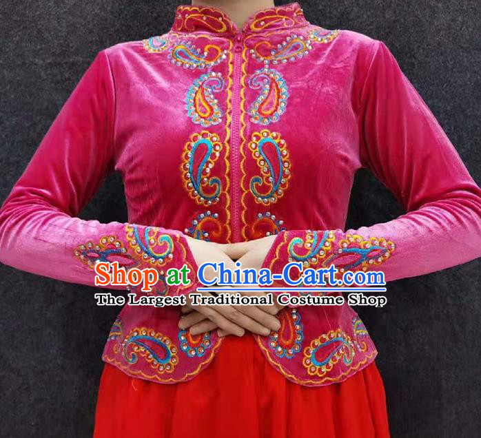 China Xinjiang Woman Pink Velvet Blouse Traditional Uygur Nationality Upper Outer Garment Ethnic Folk Dance Clothing