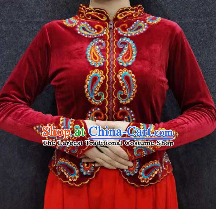 China Traditional Uygur Nationality Upper Outer Garment Ethnic Folk Dance Clothing Xinjiang Woman Red Velvet Blouse