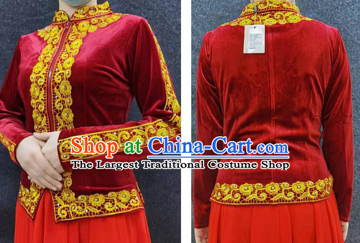 China Traditional Uygur Nationality Upper Outer Garment Ethnic Folk Dance Clothing Xinjiang Woman Red Velvet Blouse