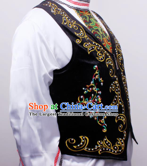 Chinese Xinjiang Male Dance Stage Performance Costumes Uygur Ethnic Folk Dance Black Embroidered Vest