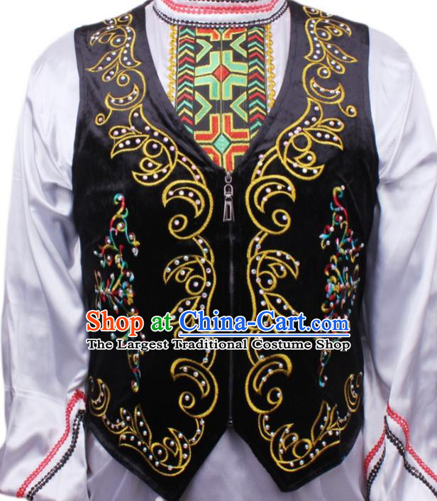Chinese Xinjiang Male Dance Stage Performance Costumes Uygur Ethnic Folk Dance Black Embroidered Vest