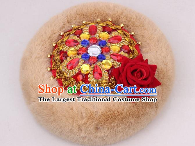 Chinese Xinjiang Ethnic Woman Winter Headwear Traditional Uygur Nationality Stage Performance Hat
