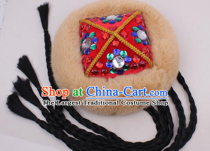 Chinese Xinjiang Ethnic Woman Braid Headwear Traditional Uygur Nationality Performance Fur Red Hat