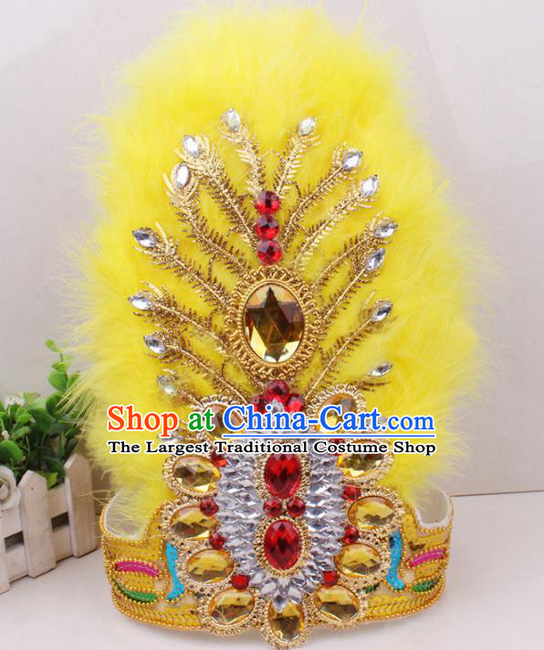 Chinese Traditional Xinjiang Dance Headwear Ethnic Folk Dance Hair Clasp Uygur Nationality Yellow Feather Hat